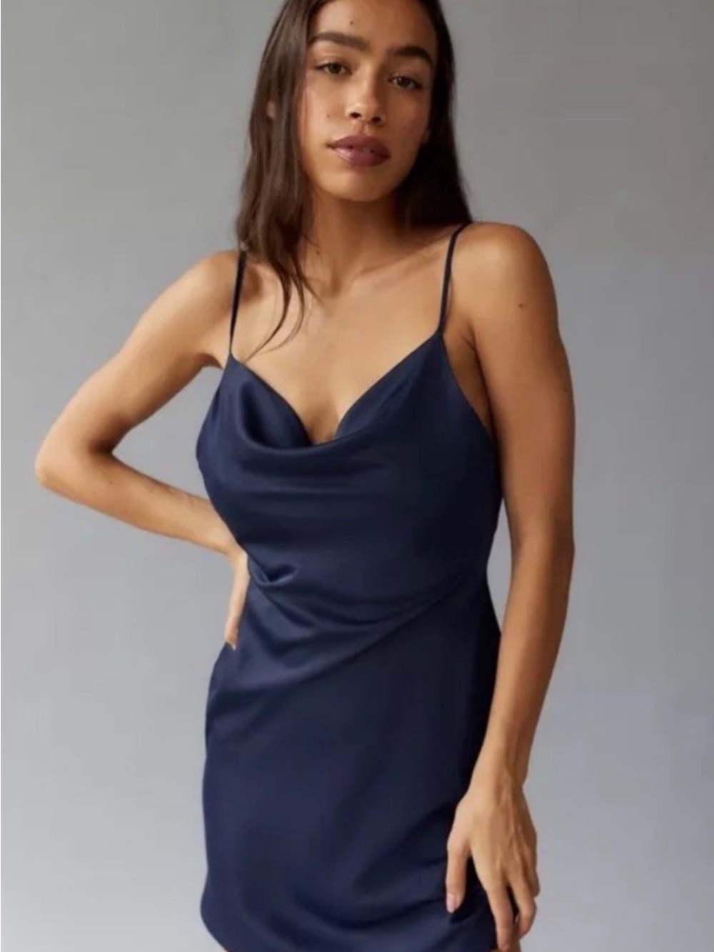 Urban Outfitters Navy Satin Slip Dress with Cowl Neck